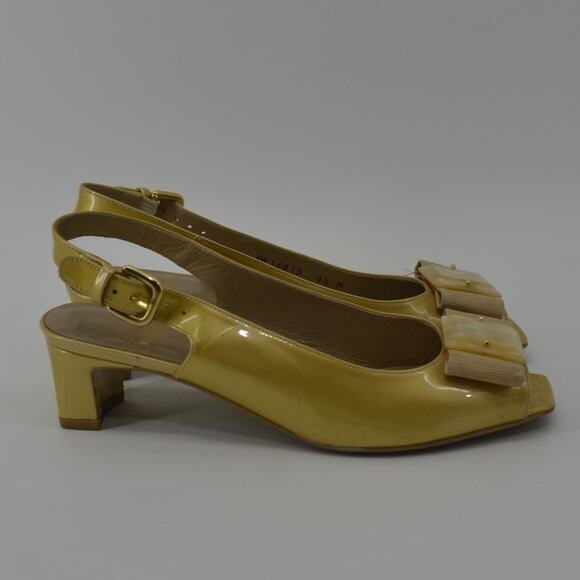 Stuart Weitzman Gold Patent Leather Block Heel Bow Size 6.5 - Picture 7 of 12